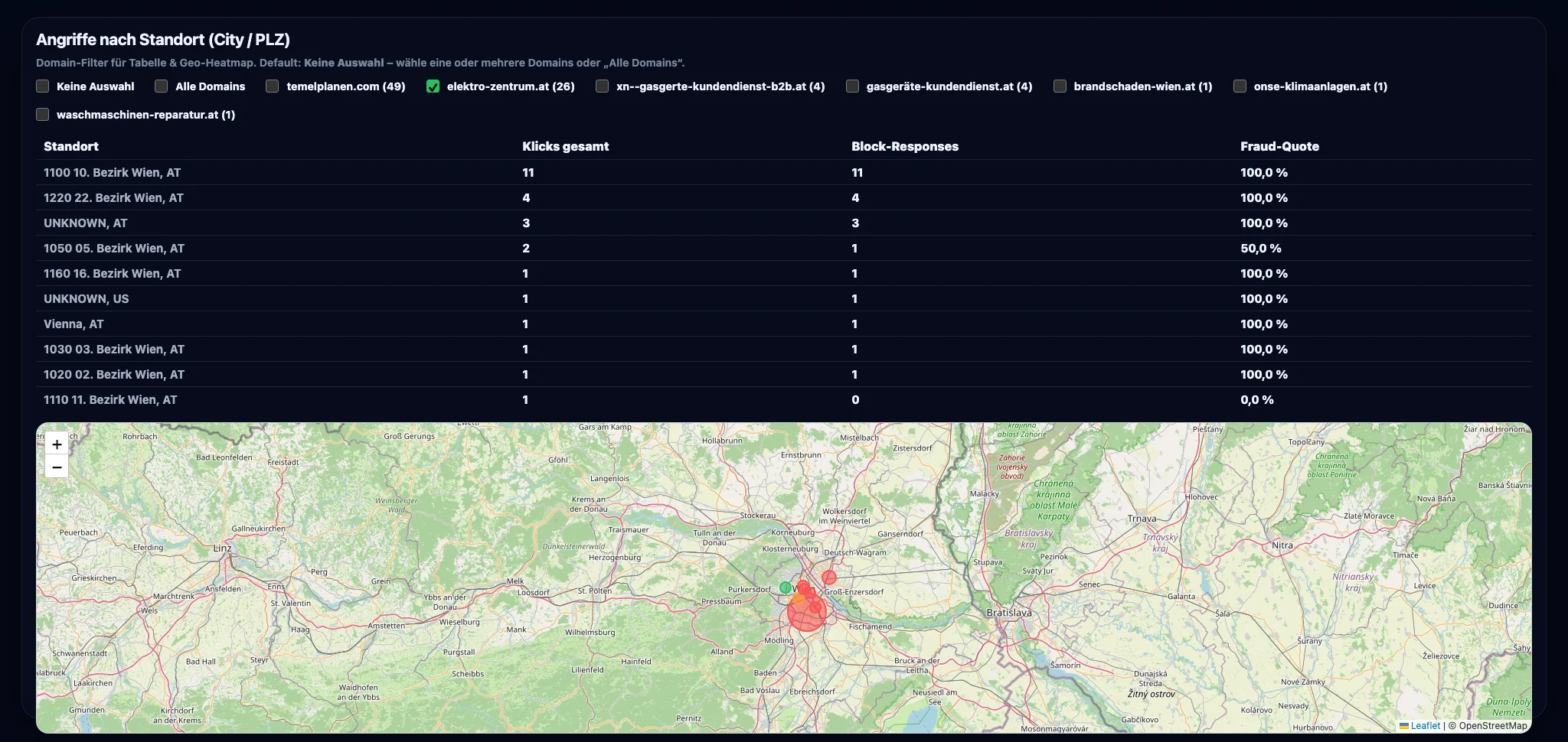 Ads Shield Geo-Auswertung mit Domain-Filtern, Fraud-Quote und Standortkarte